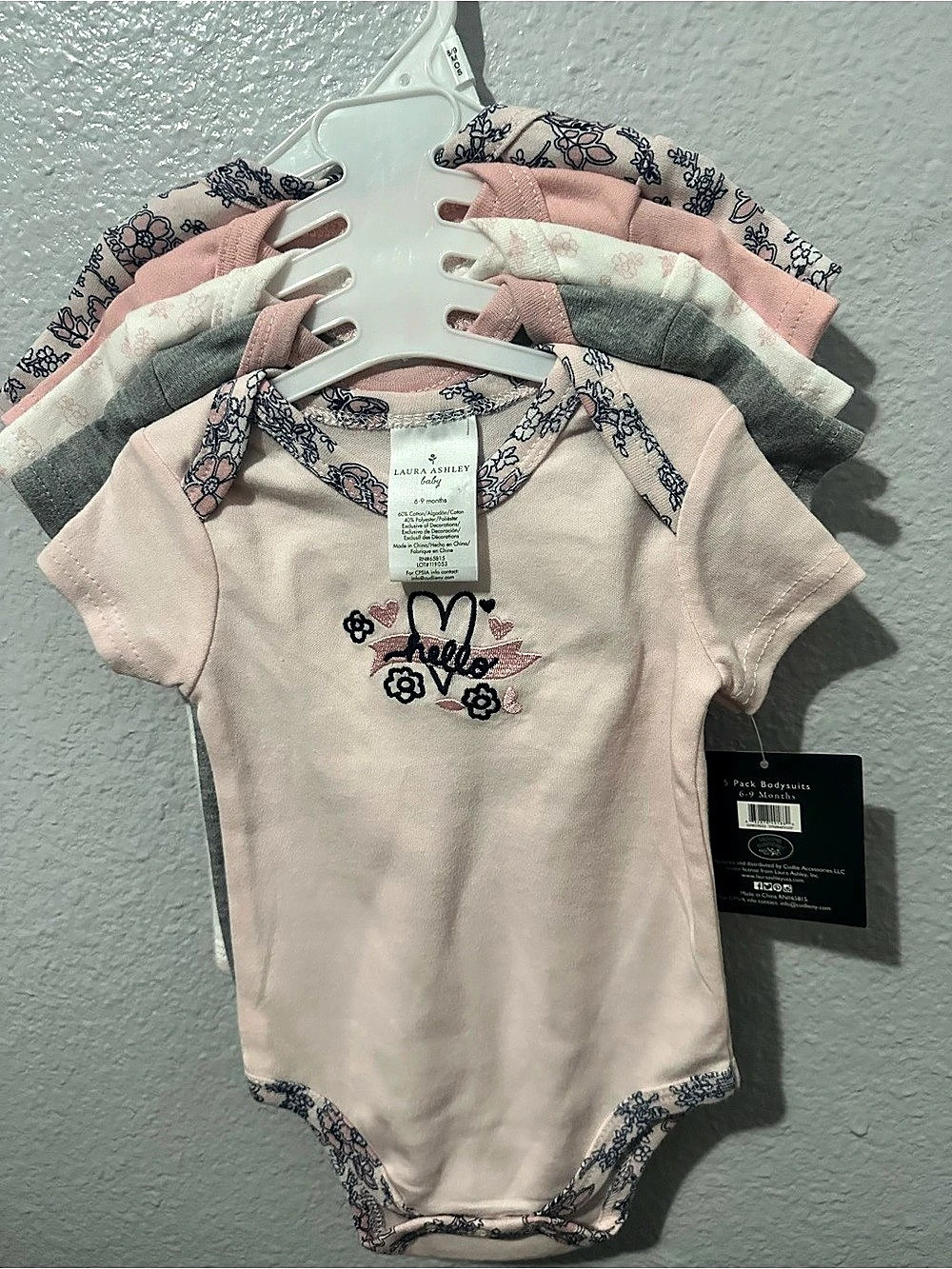 Laura Ashley 5-Pack Baby Bodysuits Floral Pink & Gray 3M NWT